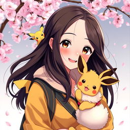 A delightful portrait of a dark brown-haired Pokemon trainer girl, reflecting joy and determination