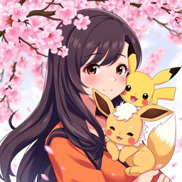 A delightful portrait of a dark brown-haired Pokemon trainer girl, reflecting joy and determination