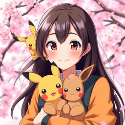 A delightful portrait of a dark brown-haired Pokemon trainer girl, reflecting joy and determination