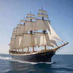 A majestic, large ship sailing on calm seas. The detailing shows the ship's intricate designs, grandeur, and elegance amidst the vastness of the ocean.