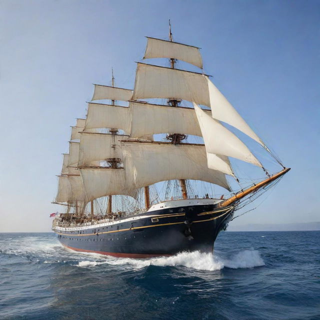 A majestic, large ship sailing on calm seas. The detailing shows the ship's intricate designs, grandeur, and elegance amidst the vastness of the ocean.