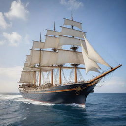 A majestic, large ship sailing on calm seas. The detailing shows the ship's intricate designs, grandeur, and elegance amidst the vastness of the ocean.