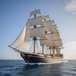 A majestic, large ship sailing on calm seas. The detailing shows the ship's intricate designs, grandeur, and elegance amidst the vastness of the ocean.