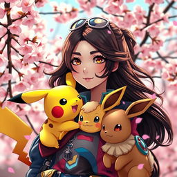 A captivating portrait of a dark brown-haired Pokemon trainer girl, showcasing her adventurous spirit