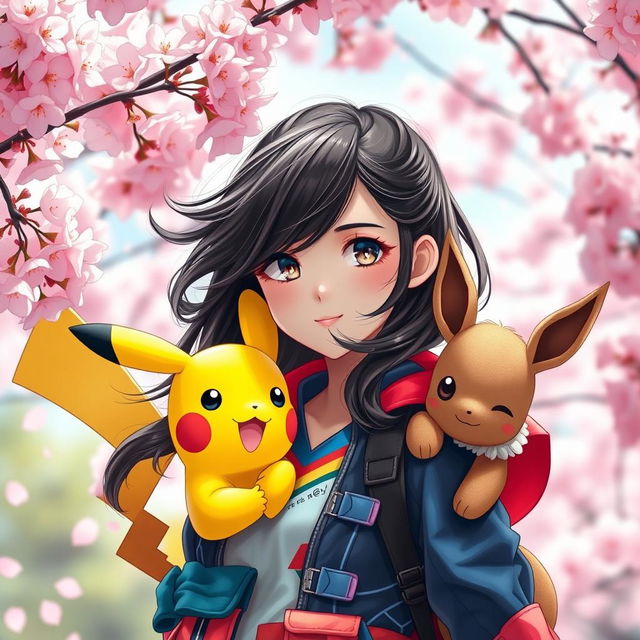 A captivating portrait of a dark brown-haired Pokemon trainer girl, showcasing her adventurous spirit