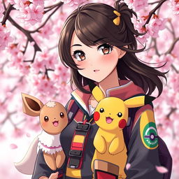 A captivating portrait of a dark brown-haired Pokemon trainer girl, showcasing her adventurous spirit