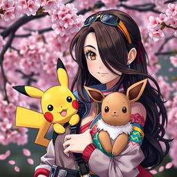 A captivating portrait of a dark brown-haired Pokemon trainer girl, showcasing her adventurous spirit