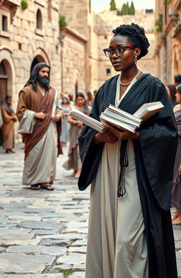 A modern day black woman dressed in a lawyer's gown and wearing stylish spectacles stands confidently in a bustling first century Jerusalem