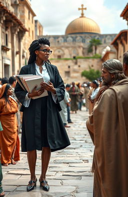 A modern day black woman dressed in a lawyer's gown and wearing stylish spectacles stands confidently in a bustling first century Jerusalem