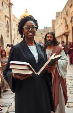 A modern day black woman dressed in a lawyer's gown and wearing stylish spectacles stands confidently in a bustling first century Jerusalem