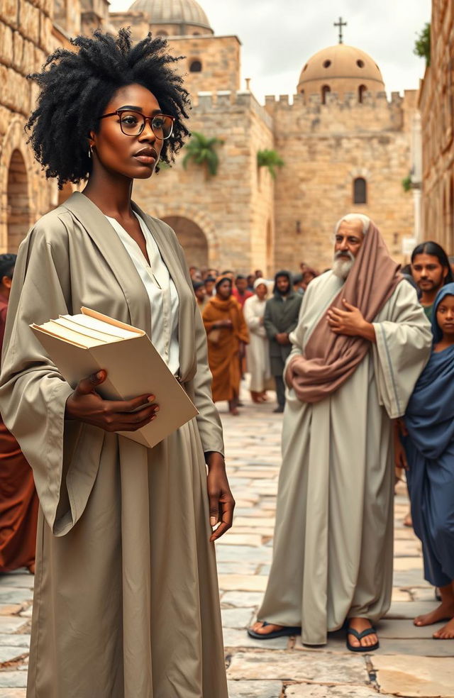 A modern day black woman dressed in a lawyer's gown and wearing stylish spectacles stands confidently in a bustling first century Jerusalem