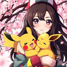 A stunning portrait of a dark brown-haired Pokemon trainer girl, showcasing her adventurous spirit and confidence