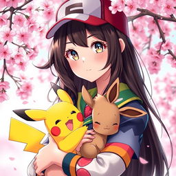 A stunning portrait of a dark brown-haired Pokemon trainer girl, showcasing her adventurous spirit and confidence