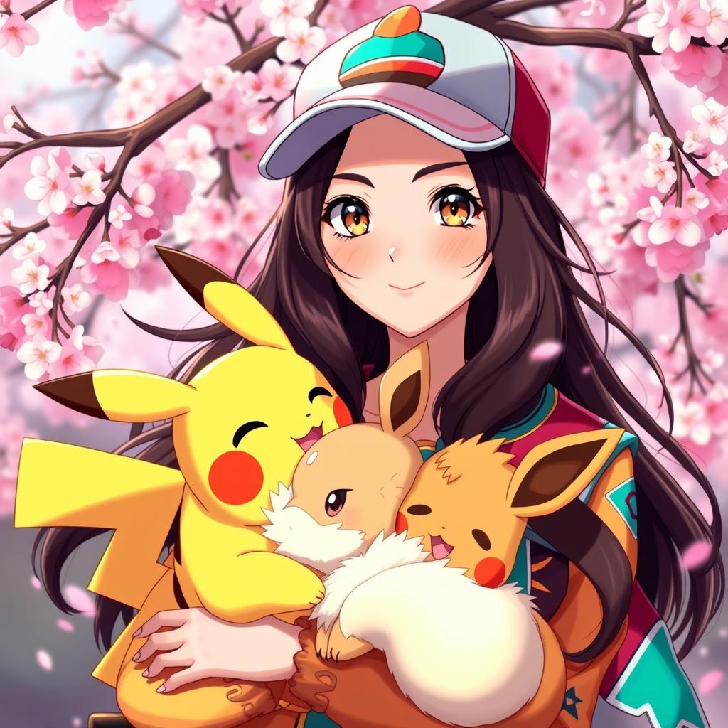 A stunning portrait of a dark brown-haired Pokemon trainer girl, showcasing her adventurous spirit and confidence