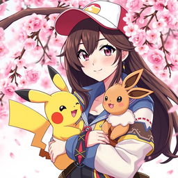 A stunning portrait of a dark brown-haired Pokemon trainer girl, showcasing her adventurous spirit and confidence