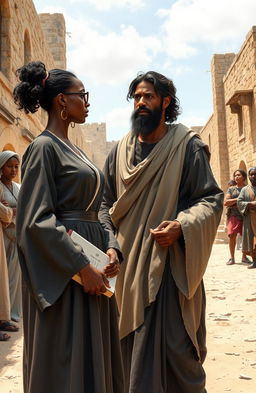 A scene set in first century Jerusalem depicting a modern day black woman dressed in a professional lawyer's gown and wearing spectacles, confidently carrying legal books in one hand as she argues passionately with a black Jesus Christ