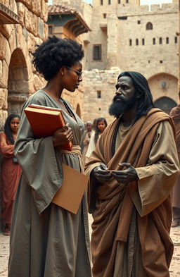 A scene set in first century Jerusalem depicting a modern day black woman dressed in a professional lawyer's gown and wearing spectacles, confidently carrying legal books in one hand as she argues passionately with a black Jesus Christ