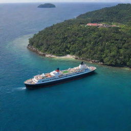 The grand ship, filled with a multitude of passengers, now approaching a small, picturesque island. The distinct greenery of the island and the ship's size create a striking contrast.