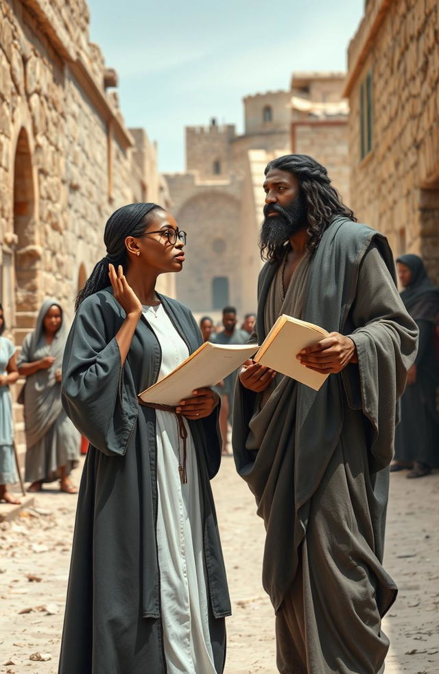 A scene set in first century Jerusalem depicting a modern day black woman dressed in a professional lawyer's gown and wearing spectacles, confidently carrying legal books in one hand as she argues passionately with a black Jesus Christ