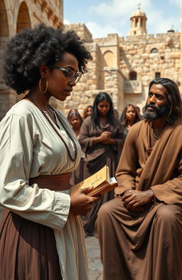 A scene set in first century Jerusalem depicting a modern day black woman dressed in a professional lawyer's gown and wearing spectacles, confidently carrying legal books in one hand as she argues passionately with a black Jesus Christ