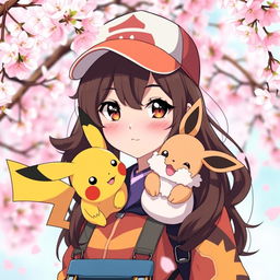 A striking portrait of a dark brown-haired Pokemon trainer girl, embodying confidence and adventure