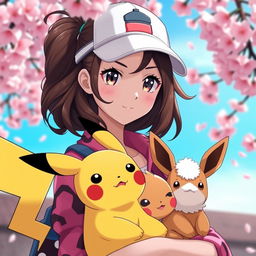 A striking portrait of a dark brown-haired Pokemon trainer girl, embodying confidence and adventure