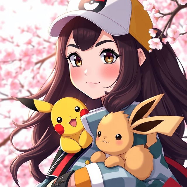 A striking portrait of a dark brown-haired Pokemon trainer girl, embodying confidence and adventure