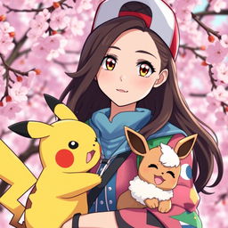 A striking portrait of a dark brown-haired Pokemon trainer girl, embodying confidence and adventure