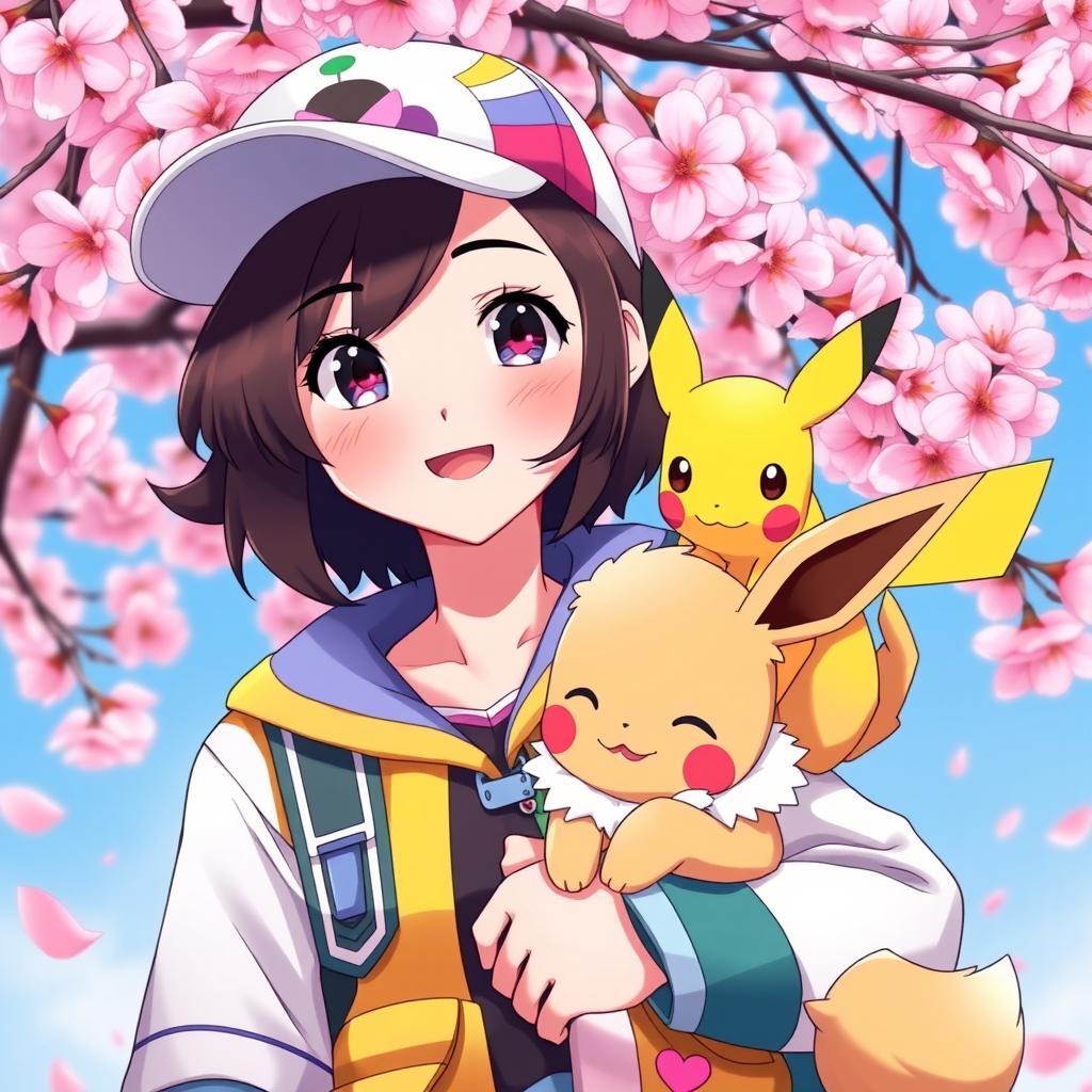 A captivating portrait of a dark brown-haired Pokemon trainer girl, radiating energy and enthusiasm