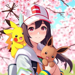 A captivating portrait of a dark brown-haired Pokemon trainer girl, radiating energy and enthusiasm