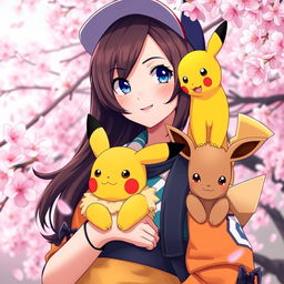 A captivating portrait of a dark brown-haired Pokemon trainer girl, radiating energy and enthusiasm