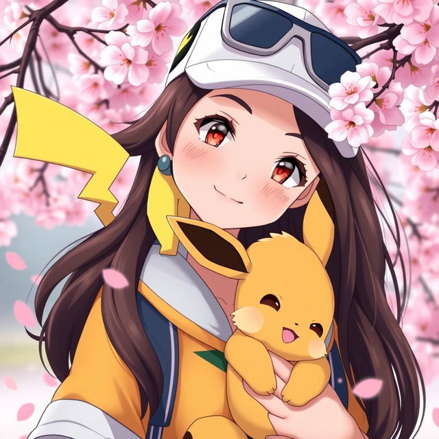 A captivating portrait of a dark brown-haired Pokemon trainer girl, radiating energy and enthusiasm