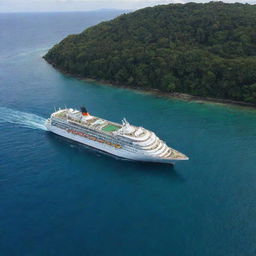 The grand ship, filled with a multitude of passengers, now approaching a small, picturesque island. The distinct greenery of the island and the ship's size create a striking contrast.