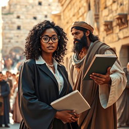 A vibrant scene set in first century Jerusalem featuring a modern day black woman in a professional lawyer's gown and spectacles, assertively carrying legal books in her right hand while engaged in a spirited argument with a black Jesus Christ
