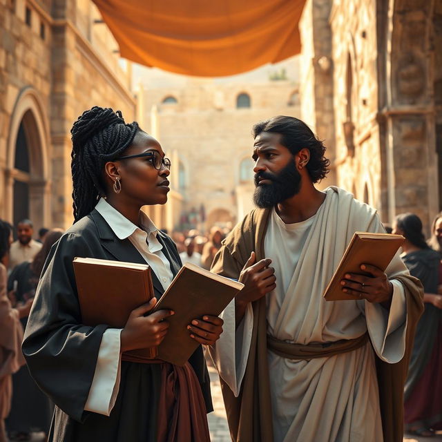 A vibrant scene set in first century Jerusalem featuring a modern day black woman in a professional lawyer's gown and spectacles, assertively carrying legal books in her right hand while engaged in a spirited argument with a black Jesus Christ