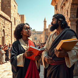 A vibrant scene set in first century Jerusalem featuring a modern day black woman in a professional lawyer's gown and spectacles, assertively carrying legal books in her right hand while engaged in a spirited argument with a black Jesus Christ
