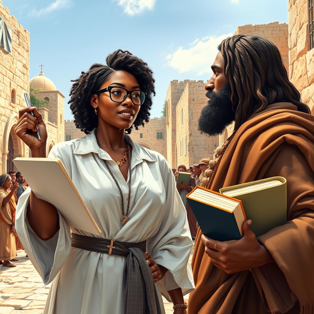 A vibrant scene set in first century Jerusalem featuring a modern day black woman in a professional lawyer's gown and spectacles, assertively carrying legal books in her right hand while engaged in a spirited argument with a black Jesus Christ