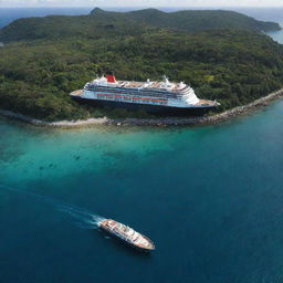 The grand ship, filled with a multitude of passengers, now approaching a small, picturesque island. The distinct greenery of the island and the ship's size create a striking contrast.