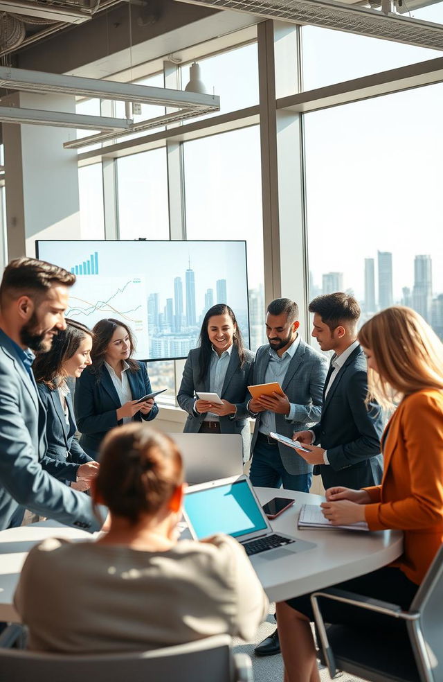 A motivational business scene depicting a diverse group of entrepreneurs collaborating in a modern office space filled with light