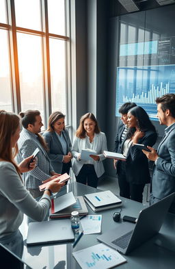 A motivational business scene depicting a diverse group of entrepreneurs collaborating in a modern office space filled with light