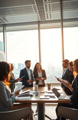 A motivational business scene depicting a diverse group of entrepreneurs collaborating in a modern office space filled with light