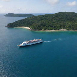 The grand ship, filled with a multitude of passengers, now approaching a small, picturesque island. The distinct greenery of the island and the ship's size create a striking contrast.