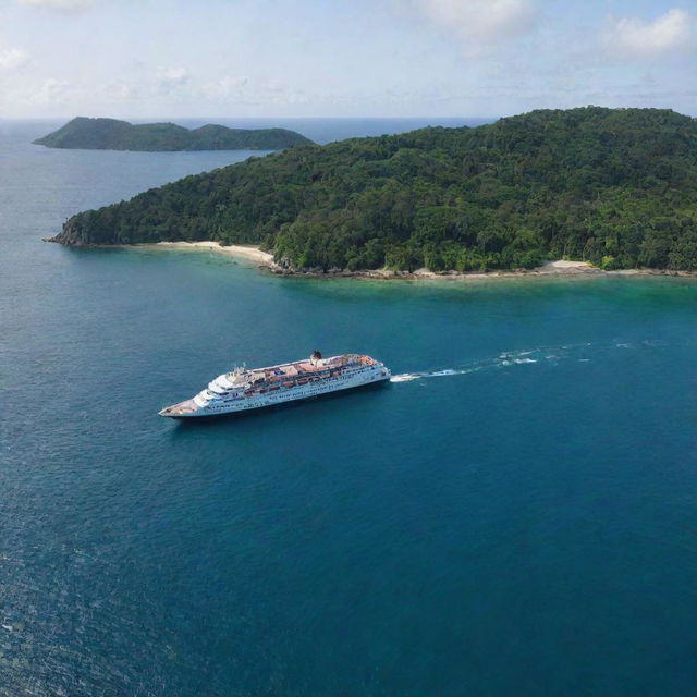 The grand ship, filled with a multitude of passengers, now approaching a small, picturesque island. The distinct greenery of the island and the ship's size create a striking contrast.