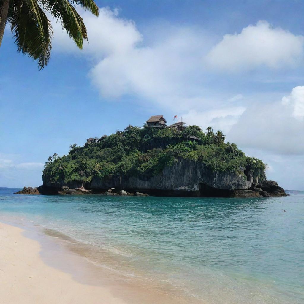 The small island, adorned by the grand ship, now revealing a tribe of indigenous people. Their traditional attire, primitive huts, and age-old customs add a unique historical character to the scenic island view.