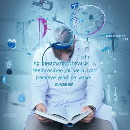 A dedicated individual engrossed in studying medical textbooks, with images of motivational quotes and medical professional symbols surrounding them.