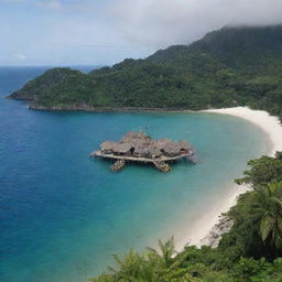 The small island, adorned by the grand ship, now revealing a tribe of indigenous people. Their traditional attire, primitive huts, and age-old customs add a unique historical character to the scenic island view.