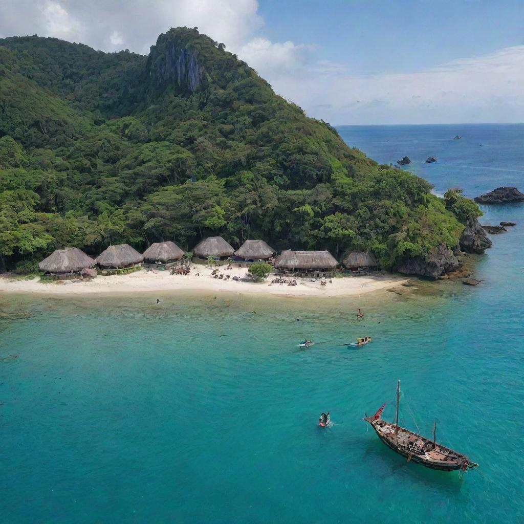 The small island, adorned by the grand ship, now revealing a tribe of indigenous people. Their traditional attire, primitive huts, and age-old customs add a unique historical character to the scenic island view.