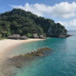 The small island, adorned by the grand ship, now revealing a tribe of indigenous people. Their traditional attire, primitive huts, and age-old customs add a unique historical character to the scenic island view.