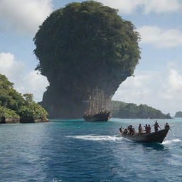 The picturesque island scene dramatically changes as the indigenous tribe, armed with traditional weapons, charge towards the large ship in a seeming attack, adding tension and anticipation to the atmosphere.