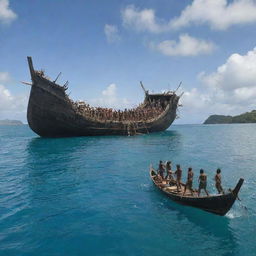 The picturesque island scene dramatically changes as the indigenous tribe, armed with traditional weapons, charge towards the large ship in a seeming attack, adding tension and anticipation to the atmosphere.